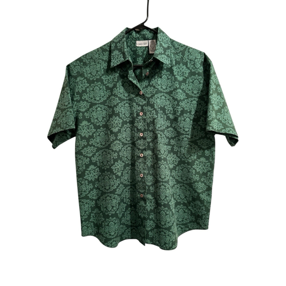 Cabin Creek Button-down Shirt Womens Large Green Short Sleeves Vintage